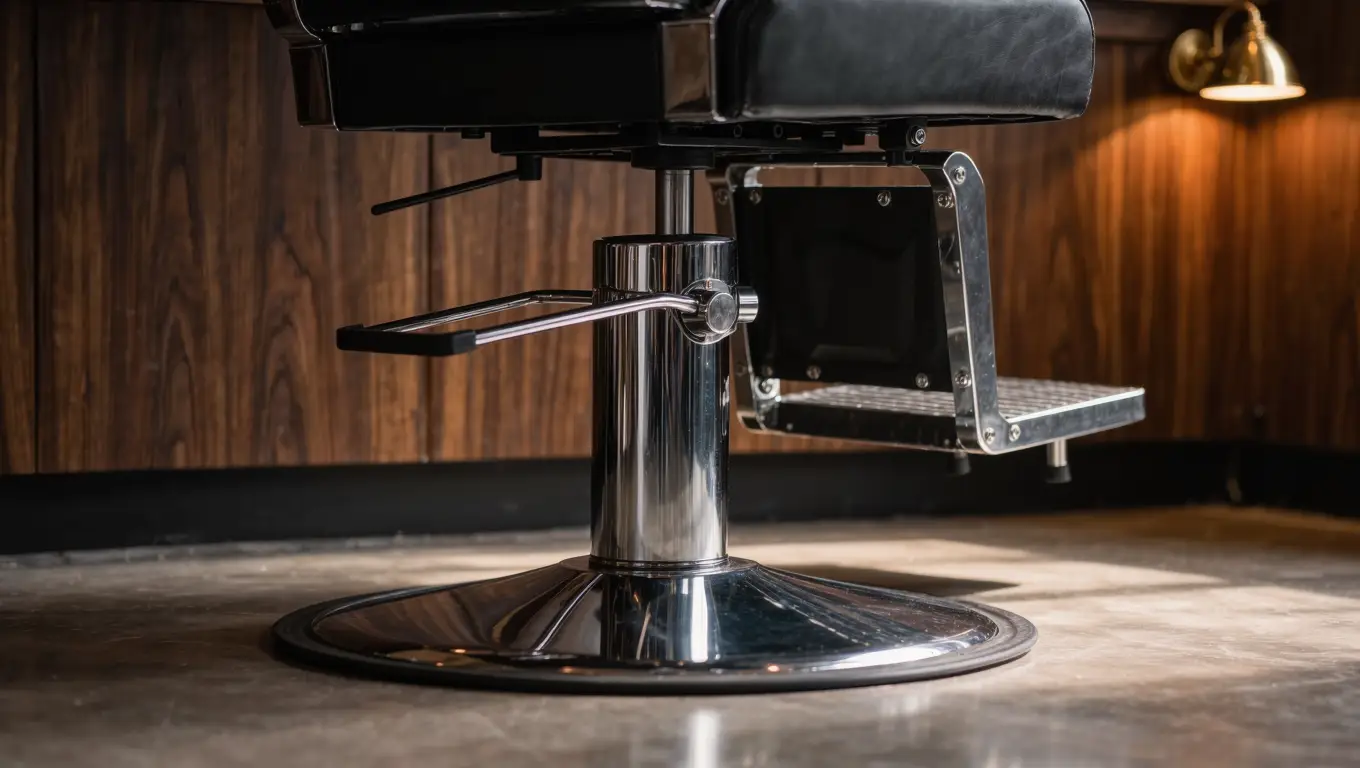 Close-up of a barber chair's chrome hydraulic base and foot pedal on a polished concrete floor in warm light