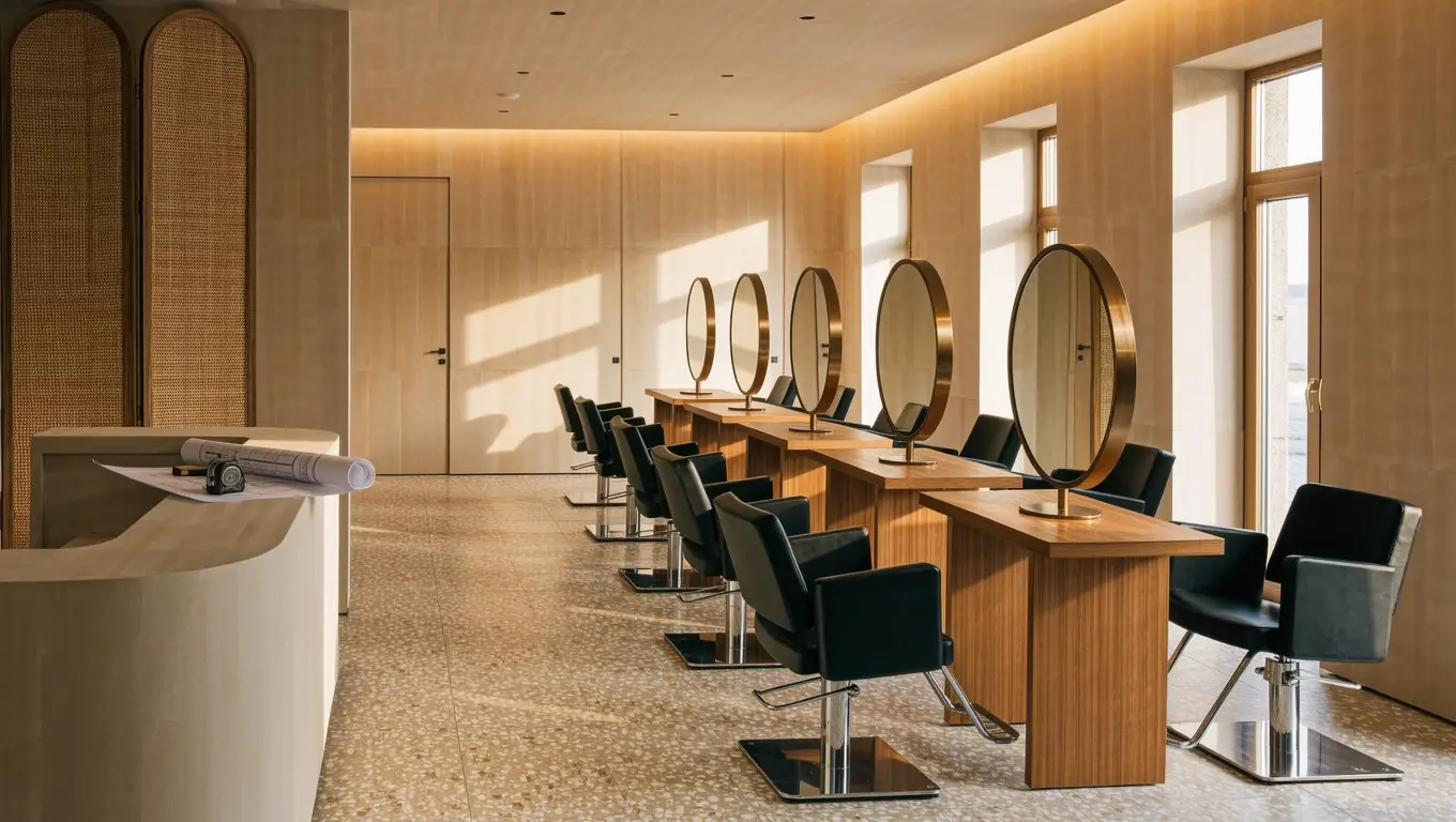 New hair salon interior with styling chairs, oak stations and a floor plan on the reception desk before opening