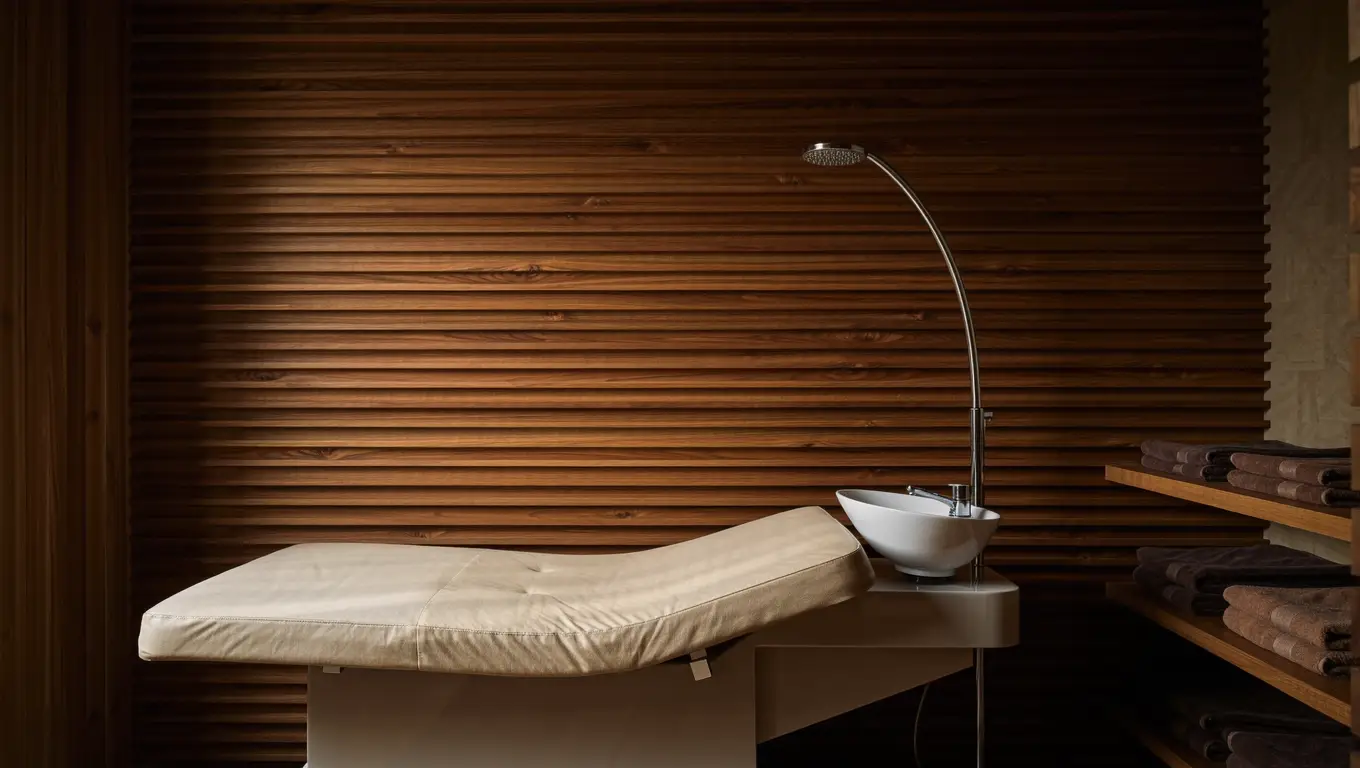 Lay-flat head spa bed with a white ceramic basin at the head end in a dim, warm treatment room with oak panels