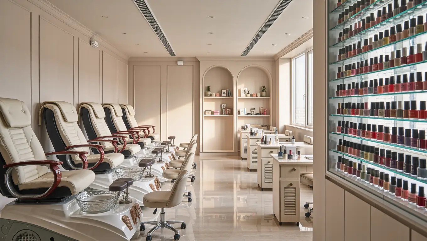 Nail salon with a row of pedicure chairs along one wall and vented manicure tables opposite in warm natural light