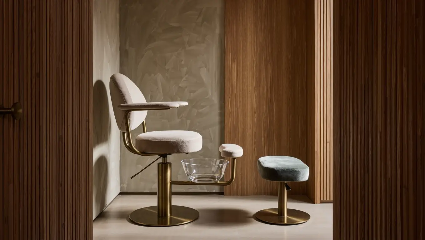 Pipeless pedicure chair with a glass foot basin on a brass stand in a compact, warm-toned nail studio