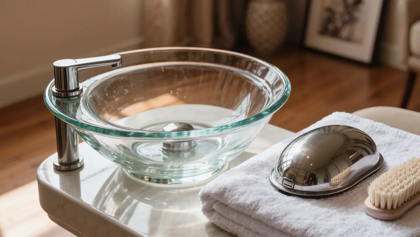 Pipeless pedicure chair glass basin with removable jet cover and cleaning brush in a warm-lit nail spa