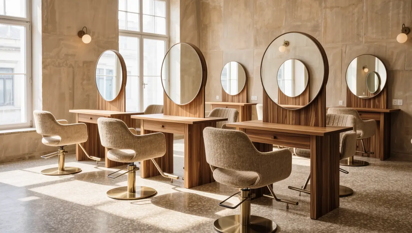 Sand-colored hydraulic salon styling chairs with brass bases in front of oak stations and round mirrors