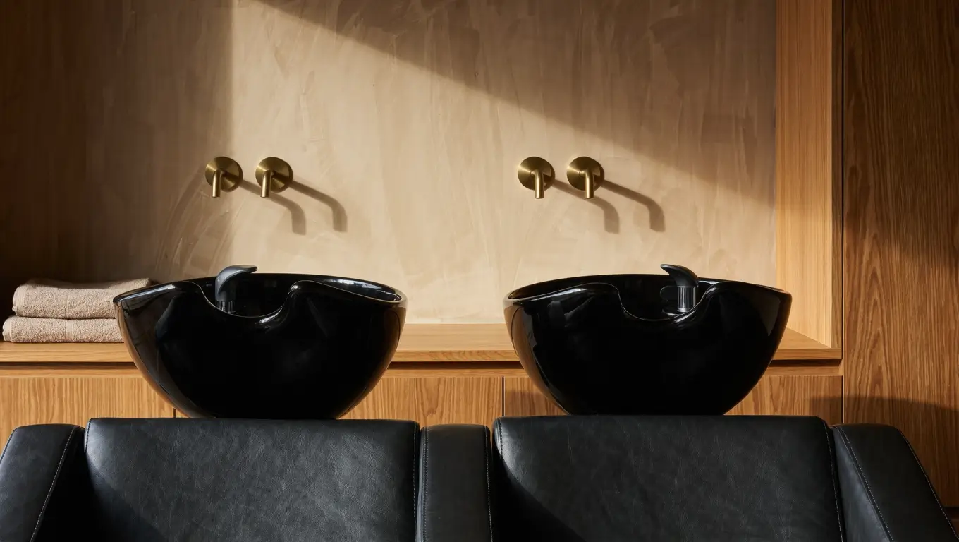Two black ceramic shampoo bowls with attached reclined chairs in a warm, upscale salon backwash area